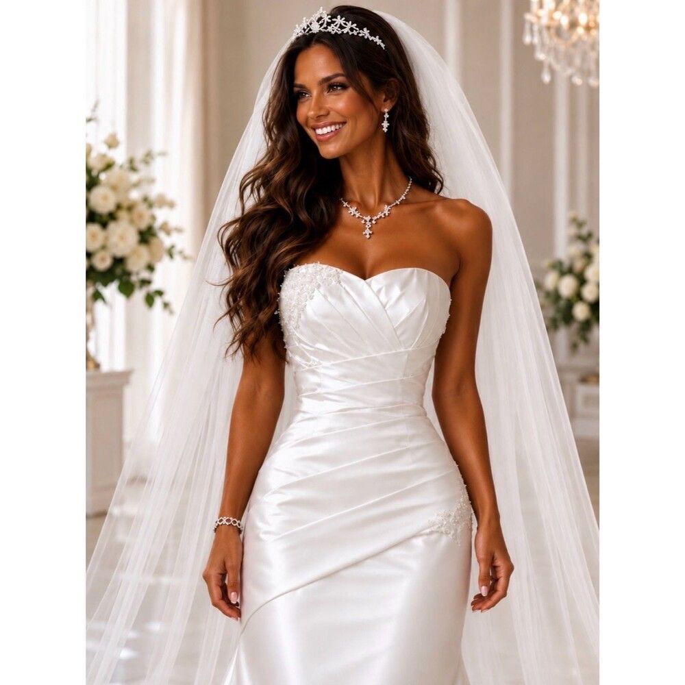 David’s Bridal Wedding Dress Size 12-14 White Strapless Satin Beaded LNWT